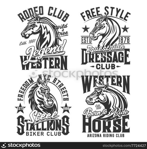 Horse t shirt prints, equestrian races and biker club vector emblem icons. Wild stallion and heraldic horse signs of Arizona horse riding, western rodeo and equine sport club quotes for t-shirt print. Horse t shirt prints, equestrian races, biker club