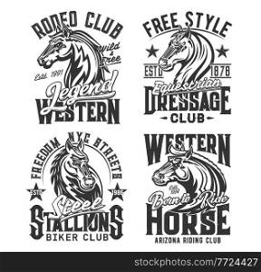 Horse t shirt prints, equestrian races and biker club vector emblem icons. Wild stallion and heraldic horse signs of Arizona horse riding, western rodeo and equine sport club quotes for t-shirt print. Horse t shirt prints, equestrian races, biker club