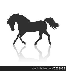 Horse Vector Illustration in Flat Design. Running black horse flat style vector. Domestic animal. Country inhabitants concept. Illustration for farming, animal husbandry, horse sport companies. Agricultural species. Isolated on white