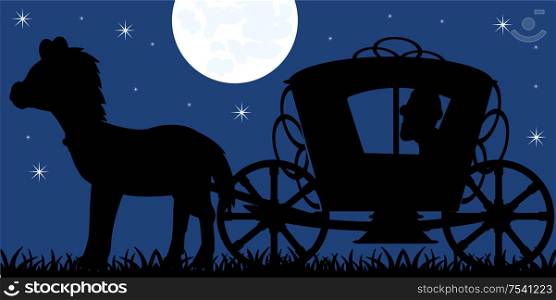 Horse with coach black silhouette on background starry in the night. Silhouette of the crew of the coach with horse and moon night