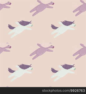Horse with horn seamless doodle pattern. Kids unicorn print in lilac and pastel pink tones. Decorative backdrop for fabric design, textile print, wrapping, cover. Vector illustration. Horse with horn seamless doodle pattern. Kids unicorn print in lilac and pastel pink tones.