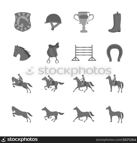 Horse with riders flat icons set of cup barrier saddle and horseshoe isolated vector illustration