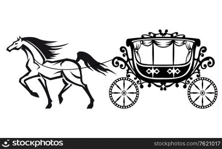 Horse with vintage carriage for retro design