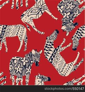 Horse zebra wild animal abstract coloring red background. Trendy vector illustrations seamless pattern
