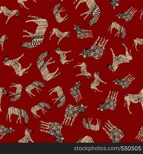 Horse zebra wild animal abstract coloring red background. Trendy vector illustrations seamless pattern composition