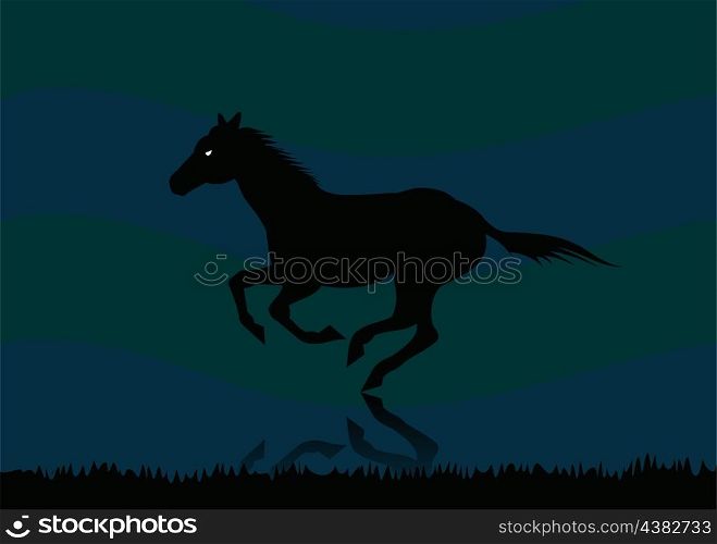 horse2. Wild animal with burning eyes in night darkness.