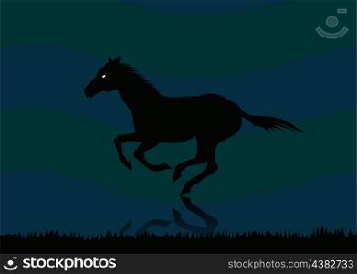 horse2. Wild animal with burning eyes in night darkness.