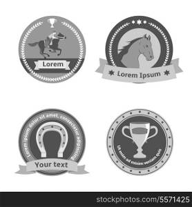 Horseback riding black badges and labels of horse rider equestrian sport dressage and horseshoe isolated vector illustration