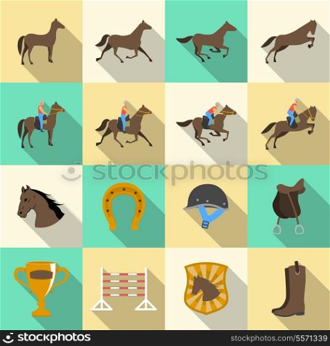 Horseback riding flat shadows icons set of horse rider sport dressage and horseshoe isolated vector illustration