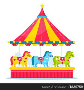 Horses carousel. Kids amusement park roundabout with little ponies different colors and carnival bright decor. Isolated fair rotating attraction for children leisure. Vector merry-go-round concept. Horses carousel. Kids amusement park roundabout with little ponies different colors and carnival decor. Fair rotating attraction for children leisure. Vector merry-go-round concept