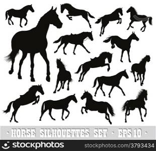 Horses detailed vector silhouettes set. EPS 10