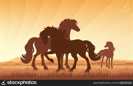 Horses in field on sunset background vector silhouette illustration. Full editable EPS 10. File contains gradients and transparency.
