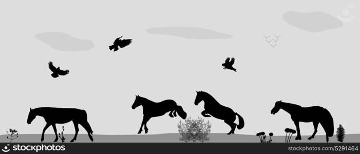 Horses Jumping, Birds Fly in Nature. Vector Illustration. EPS10. Horses Jumping, Birds Fly in Nature. Vector Illustration.