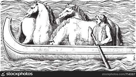 Horses on a boat, vintage engraved illustration.
