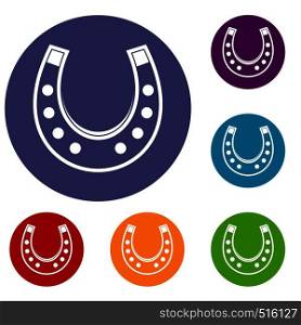Horseshoe icons set in flat circle red, blue and green color for web. Horseshoe icons set