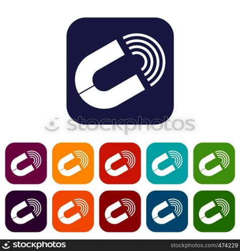 Horseshoe magnet icons set vector illustration in flat style In colors red, blue, green and other. Horseshoe magnet icons set
