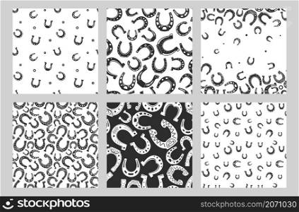 Horseshoe pattern. Seamless print with black silhouette of horse foot shoe equipment, retro lucky symbol. Decorative texture collection. Decor textile, wrapping paper, wallpaper vector print or fabric. Horseshoe pattern. Seamless print with black silhouette of horse foot shoe equipment, retro lucky symbol. Decorative texture collection. Decor textile, wrapping paper, wallpaper vector print