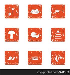 Horticultural style icons set. Grunge set of 9 horticultural style vector icons for web isolated on white background. Horticultural style icons set, grunge style