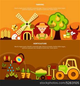 Horticulture Horizontal Banners Collection. Agriculture banners set with agrimotor mill farm plants and equipment flat icon compositions with farmer character vector illustration