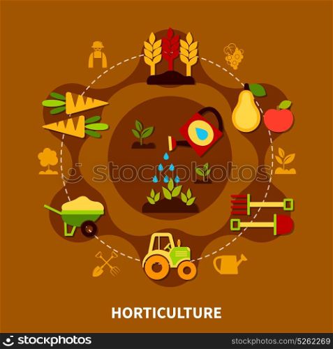 Horticulture Icons Circle Composition. Agriculture round composition of flat farming and gardening equipment agrimotor barrow symbols connected with dashed line vector illustration