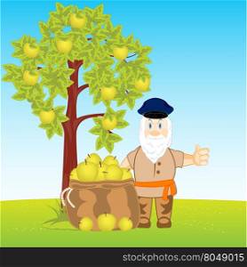 Horticulturist collects harvest an apple in bag,Vector illustration