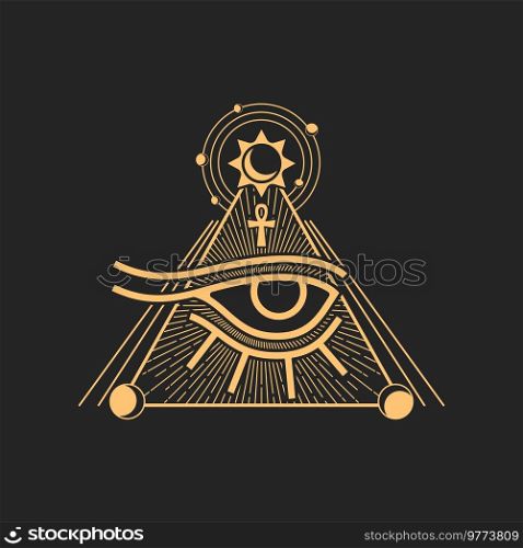 Horus eye ancient Egypt sign, pyramid and egyptian cross, occultism holistic vision sign, tribal all seeing eye. Vector prediction tarot magic sign. Horus eye and Egyptian pyramid, cross and sun sign