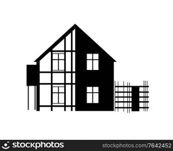 Hose repair, building object, shape of construction in black color, decks indoor, window and roof, geometric symbol, engineering occupation, project vector. Repair of House, Building Construction Vector