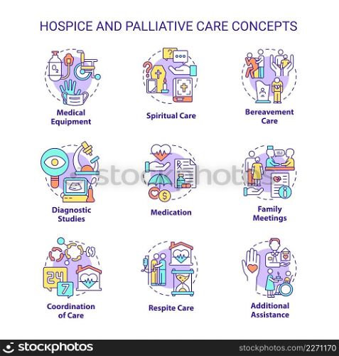 Hospice and palliative care concept icons set. Patient service. Medicine and healthcare idea thin line color illustrations. Isolated symbols. Roboto-Medium, Myriad Pro-Bold fonts used. Hospice and palliative care concept icons set