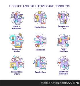 Hospice and palliative care concept icons set. Patient service. Medicine and healthcare idea thin line color illustrations. Isolated symbols. Roboto-Medium, Myriad Pro-Bold fonts used. Hospice and palliative care concept icons set