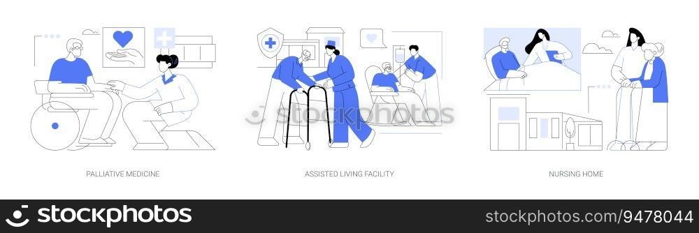Hospice and palliative medicine abstract concept vector illustration set. Palliative medicine, assisted living facility, nursing home, people with disability, personal care abstract metaphor.. Hospice and palliative medicine abstract concept vector illustrations.