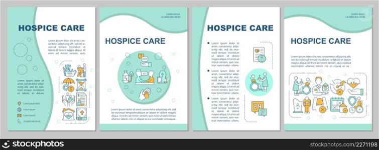 Hospice care mint brochure template. Medicine and caregiving. Leaflet design with linear icons. 4 vector layouts for presentation, annual reports. Arial, Myriad Pro-Regular fonts used. Hospice care mint brochure template