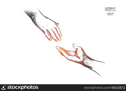 Hospice concept. Hand drawn one person ready help to another. Hand holding elder hand in hospice care isolated vector illustration.. Hospice concept. Hand drawn isolated vector.
