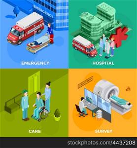 Hospital 2x2 Design Concept. Hospital 2x2 design concept set of emergency help equipment for survey and medical healthcare staff decorative icons flat vector illustration