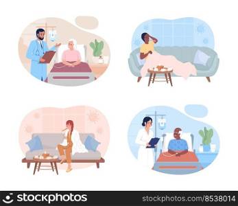Hospital and domestic treatment 2D vector isolated illustrations set. Medicine flat characters on cartoon background. Therapy colourful editable scenes for mobile, website, presentation collection. Hospital and domestic treatment 2D vector isolated illustrations set