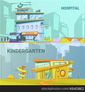 Hospital And Kindergarten Building Retro Cartoon. Hospital and kindergarten building retro cartoon with helicopter and playground vector illustration