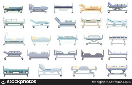 Hospital bed icons set cartoon vector. Patient mattress. Medical equipment. Hospital bed icons set cartoon vector. Patient mattress