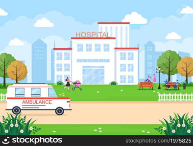 Hospital Building for Healthcare Cartoon Background Vector Illustration with, Ambulance Car, Doctor, Patient, Nurses and Medical Clinic Exterior