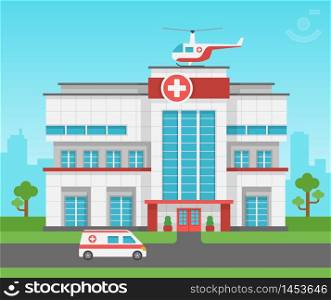 Hospital building. Health centre, medical clinic panorama exterior and ambulance car, helicopter. Medic service architecture vector healthcare concept. Hospital building. Health centre, medical clinic panorama exterior and ambulance car, helicopter. Medic service vector healthcare concept