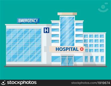 Hospital building, medical icon. Healthcare, hospital and medical diagnostics. Urgency and emergency services. Vector illustration in flat style. Hospital building, medical icon.