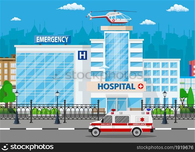 Hospital building, medical icon. Healthcare, hospital and medical diagnostics. Urgency and emergency services. Road, sky, tree. Car and helicopter. Vector illustration in flat style. Hospital building, medical icon.