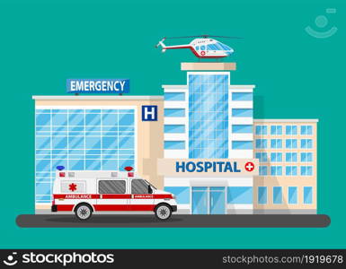 Hospital building, medical icon. Healthcare, hospital and medical diagnostics. Urgency and emergency services. Car and helicopter. Vector illustration in flat style. Hospital building, medical icon.