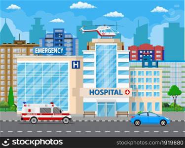Hospital building, medical icon. Healthcare, hospital and medical diagnostics. Urgency and emergency services. Road, sky, tree. Car and helicopter. Vector illustration in flat style. Hospital building, medical icon.