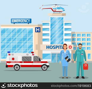 Hospital building, medical icon. Healthcare, hospital and medical diagnostics. Urgency and emergency services. Car and helicopter and team specialist doctor. Vector illustration in flat style. city landscape scene with ambulance truck