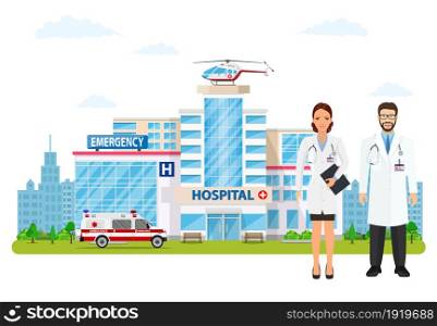 Hospital building, medical icon. Healthcare, hospital and medical diagnostics. Urgency and emergency services. Car and helicopter and team specialist doctor. Vector illustration in flat style. Medical concept. Panoramic background with hospital