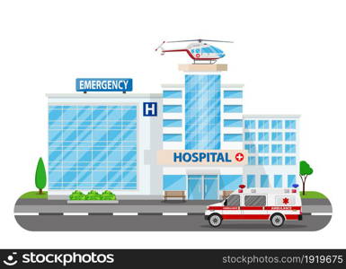 Hospital building, medical icon. Healthcare, hospital and medical diagnostics. Urgency and emergency services. Road, tree. Car and helicopter. Vector illustration in flat style. Hospital building, medical icon.