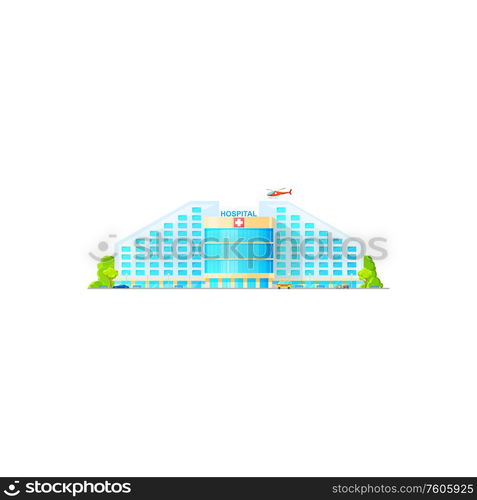 Hospital building on city street isolated. Vector modern clinic with emergency helicopter, parking zone. Modern city hospital isolated building exterior