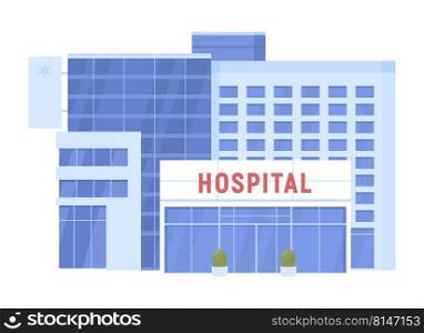 Hospital building semi flat color vector object. Editable figure. Full sized item on white. Medicine simple cartoon style illustration for web graphic design and animation. Akrobat font used. Hospital building semi flat color vector object