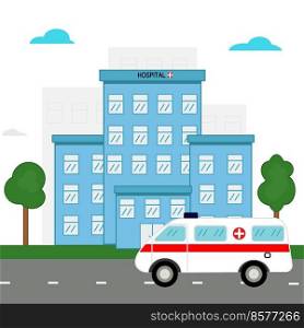 Hospital building with an ambulance.. Hospital building with an ambulance. Vector flat illustration.