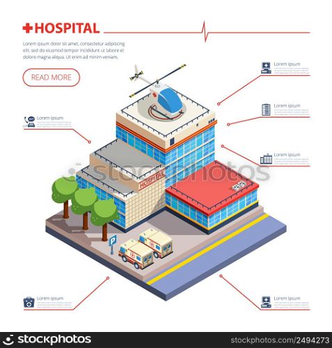 Hospital building with entrance parking ambulance and helicopter isometric vector illustration . Hospital Building Isometric Illustration