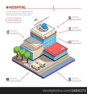 Hospital building with entrance parking ambulance and helicopter isometric vector illustration . Hospital Building Isometric Illustration